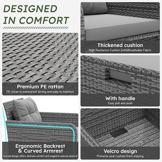 LHBcraft 5 Piece Outdoor Furniture Set, PE Rattan Balcony Furniture with Soft Cushions, Patio Set 2 Ottoman & Table for Porch, Lawn, Garden, Grey