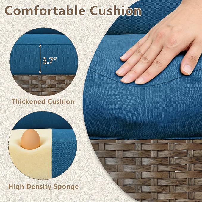 LOUVIXA 7 Piece Outdoor Patio Furniture Set, Rattan Chairs Glass Table Wicker Conversation Seating Sectional Sofa with Cushions (Brown-Peacock Blue, 7Pcs-2 Layer Coffee Table)