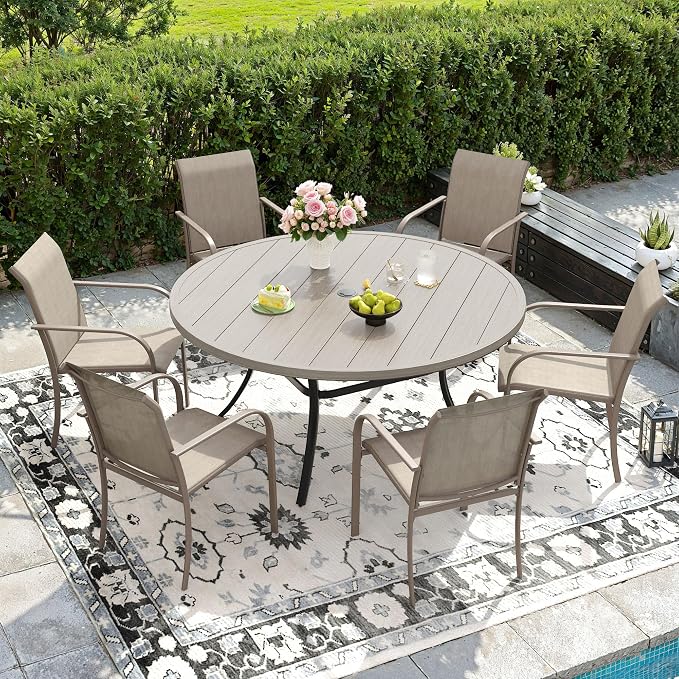 DIFY Patio Dining Set for 6, 7 Piece Outdoor Table and Chairs Set, 50" Grey Wood-Like Round Metal Patio Dining Table and 6 Sandshell Textilene Stackable Patio Chairs, for Backyard Garden Poolside