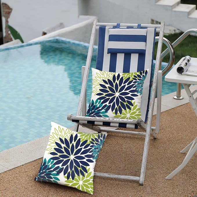 DFXSZ Outdoor Waterproof Pillow Covers 20x20 Set of 2 NavyBlue Green Flower | Spring Summer Waterproof Flower Throw Pillowcases（No Inserts）Outdoor Decor for Patio Funiture Garden Polyester Covers