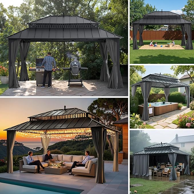 SUNJOY Kingston 16' x 12' Hardtop Gazebo with Galvanized Steel Double Roof, Curtain and Netting, Gray Aluminum Posts Permanent Pavilion Gazebo for Garden, Patio, Deck, Lawn