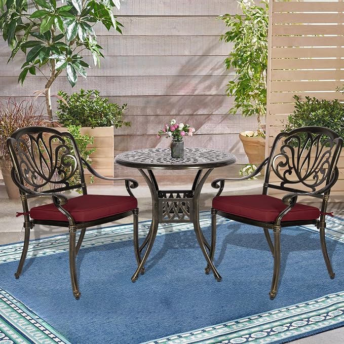 3-Piece Outdoor Patio Dining Set, All-Weather Cast Aluminum Patio Furniture Set for Backyard Garden Deck with 2 Cushioned Chairs and 31” Round Table, 2" Umbrella Hole, Chili Red