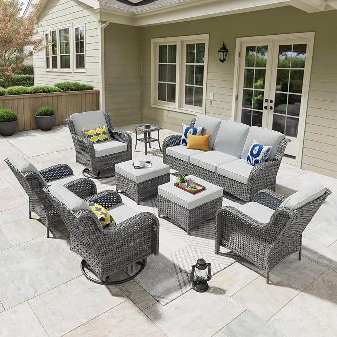 ovios 8 Pieces Patio Furniture Set with Swivel Rocking Chairs, Outdoor Wicker Sofa Couch Comfy Cushions, All Weather High Back Modern Conversation Set, Grey Rattan, Grey