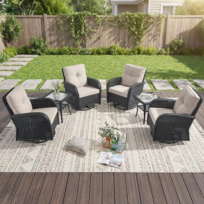 Outdoor Swivel Glider Rocker Chairs Set of 4 - Wicker Patio Furniture Set All Weather Patio Conversatio Sets with 2 Tempered Glass Side Table for Deck Backyard - Black Wicker Beige Cushion