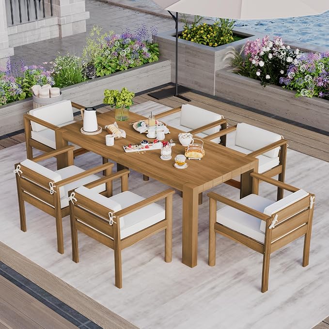 7-Piece Patio Dining Table Set for 6, Outdoor Furniture Sets with 70.8" Rectangle Table, Patio Table and Chairs Set with Removable Cushions for Backyard,Garden,Poolside (Light Teak@24)