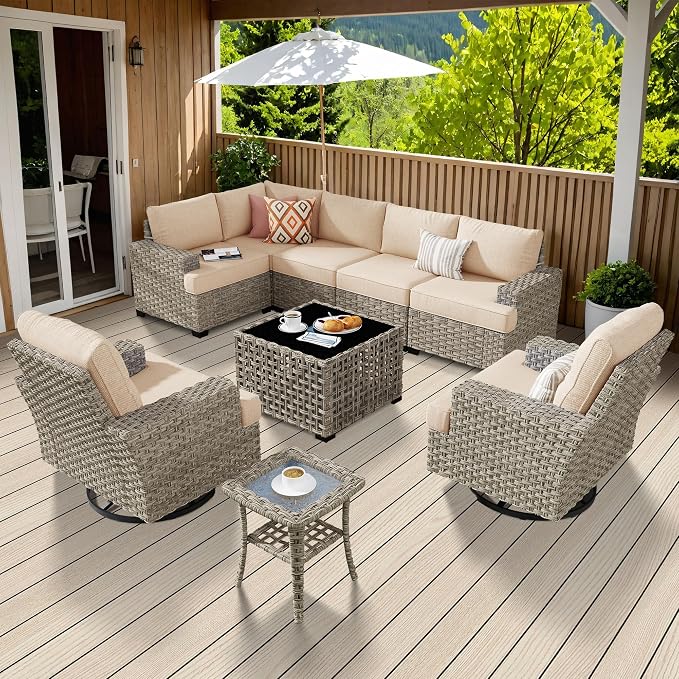 Weaxty 9 Pieces Patio Furniture Set, Outdoor Sectional Furniture Sofa Set w/Swivel Rocking Chairs Coffee Table, PE Wicker Modular Couch Conversation Set for Backyard Garden,Beige