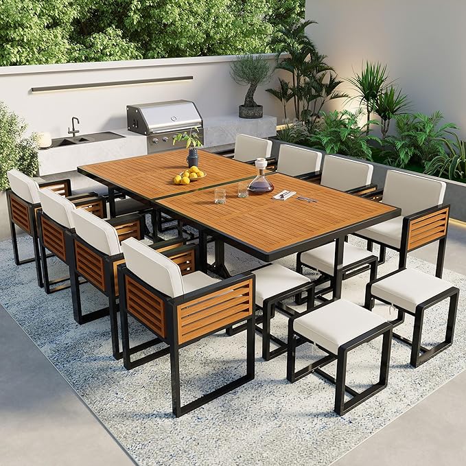 18-Piece Outdoor Patio Acacia Wood Dining Table Set, 2 Square Table with 8 Cushioned Chairs& 8 Stools, All-Weather Resistant Conversation Set with Metal Frame, Space-Saving Design for 8 (Beige-18P)