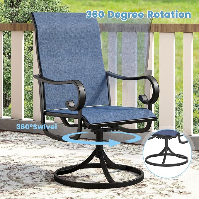 DIFY 9 Piece Outdoor Dining Set for 8, 59.8" Black Round Metal Dining Table with Umbrella Hole and Swivel Patio Chairs with Blue Textilene Fabric, Patio Table and Chairs Set for Garden Backyard Deck