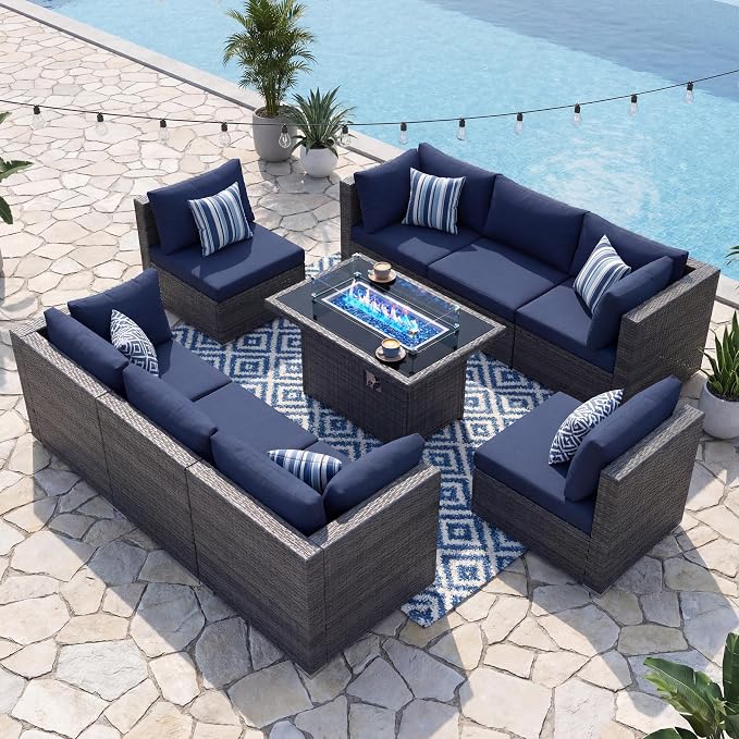 NICESOUL 9 Piece Large Outdoor Patio Furniture Set with Fire Pit Table Gas/Propane, 29.3'' High Back Rattan Modular Sectional Sofa, Extra Wide Conversations for Backyard, 2 Color Cushion Navy & Gray