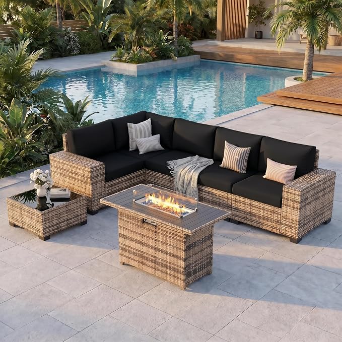 UDPATIO Patio Furniture Set with Fire Pit Table, L-Shaped 8" Armrest Sectional Set, All-Weather PE Rattan Conversation Furniture w ‌Thick Cushions, Coffee Table for Outdoor Backyard Porch Black