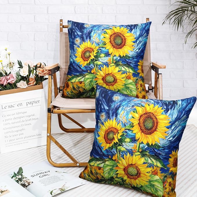 Sunflower Pillow Covers 22x22 Set of 2 Van Gogh Starry Night Throw Pillow Covers Oil Painting Sunflowers Pillow Case Spring Summer Cotton Linen Cushion Case for Sofa Garden Patio