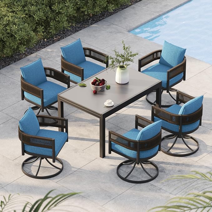 Grand patio 7-Piece Expandable Table Dining Set for 6 to 10, Aluminum Outdoor Dining Table with Glass Tabletop, Metal Woven Wicker Swivel Patio Chairs with Cushions for Yard, Poolside, Deck (Brown)