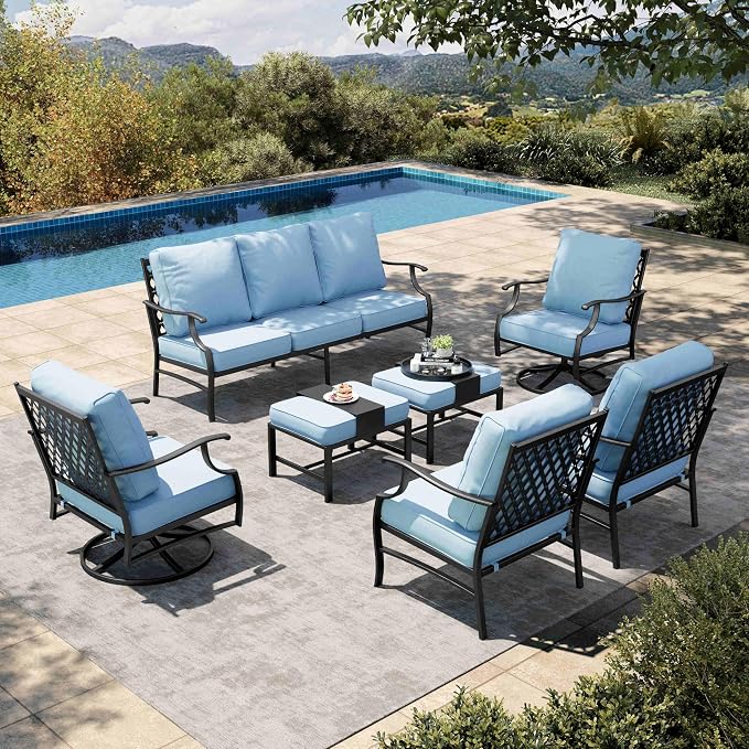 HERA'S HOUSE 7 Piece Patio Furniture Set, 2 x Swivel Chair, 2 x Leg Chair, 2 x Ottoman, 1 x 3-Seat Sofa, All Cushioned 10 Seats Metal Outdoor Conversation Set for Lawn Garden Backyard