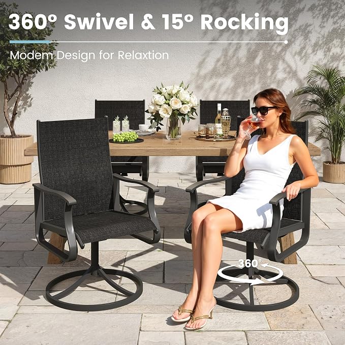 7 Pieces Patio Dining Set, Patio Outdoor Furniture Set of 6 Patio Swivel Dining Chairs and Patio Spliced Rectangular Tabletop with Umbrella Hole, for Deck, Backyard, Poolside & Garden