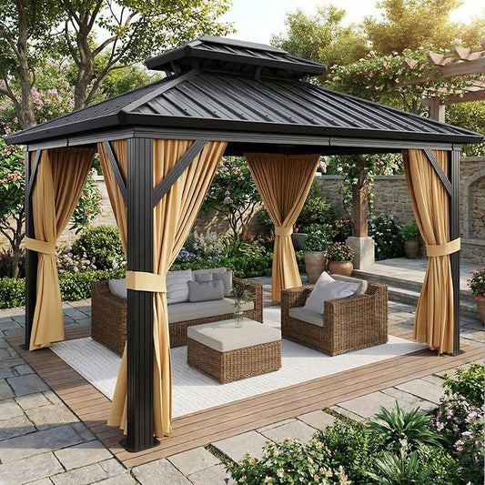 10x12 Gazebo Hardtop, Aluminum Frame Gazebos with Galvanized Steel Double Roof, Mosquito Net & Privacy Curtain,for Patio, Porch, Garden, Lawn, Deck, Backyard