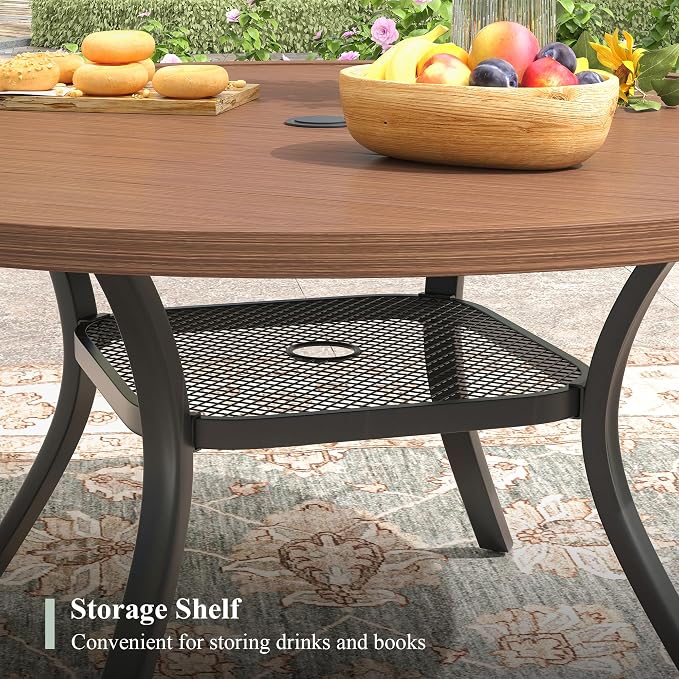 7 Pieces Outdoor Dining Set, Stackable Textilene Paito Chairs & 47.2" Round Dining Table with Umbrella Hole and Shelf, Patio Dining Set for Backyard, Deck, Garden, Brown & Walnut