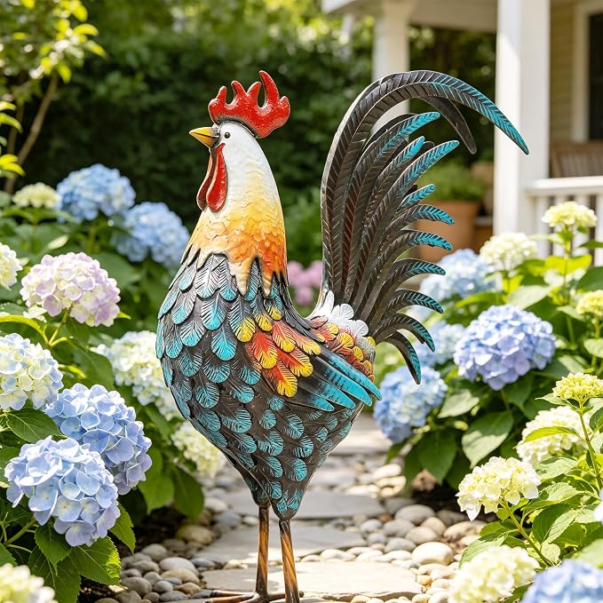 32" Majestic Metal Rooster Yard Decor, Large Outdoor Garden Statue | Outdoor Chicken Sculpture, 3D Hand-Painted, Rustic Farmhouse Style, Weather-Resistant Iron, Backyard Patio Lawn Garden
