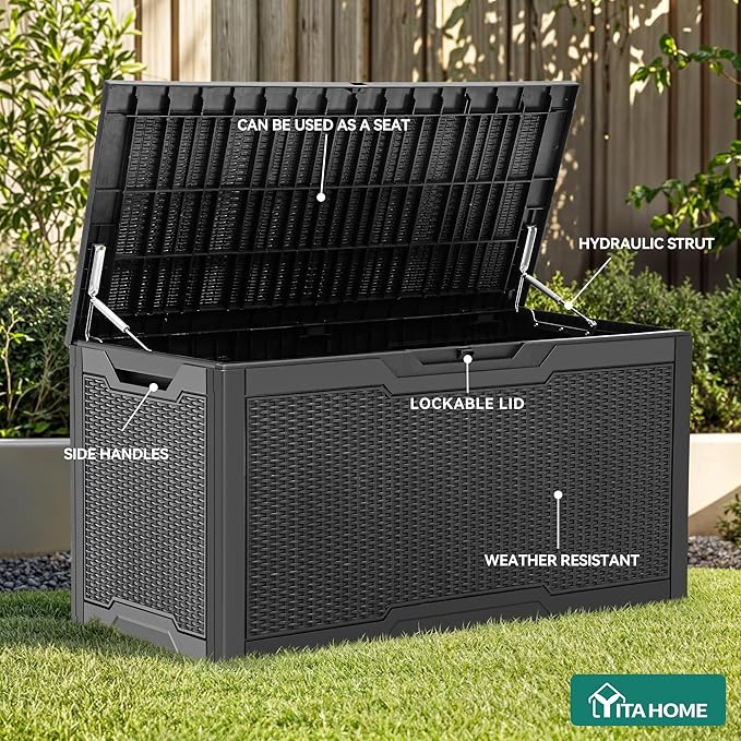 YITAHOME 100 Gallon Large Resin Deck Box Outdoor Storage Boxes for Patio Furniture, Outdoor Cushions, Garden Tools and Pool Supplies-Waterproof,Lockable (Black)