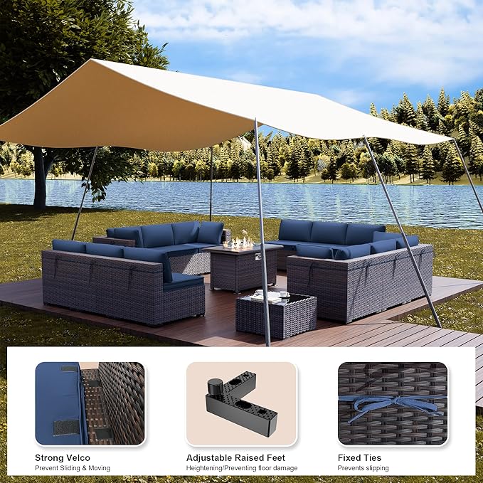 Kullavik 15 Pieces Outdoor Patio Furniture Set with 43" 55000BTU Gas Propane Fire Pit Table PE Wicker Rattan Sectional Sofa Patio Conversation Sets,Navy Blue
