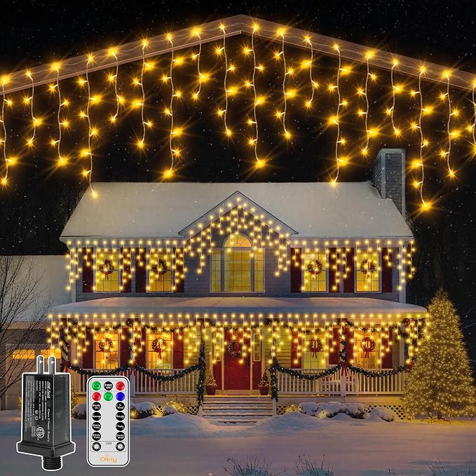 Ollny Icicle Lights for Outside 1000LED 82FT, Warm White Christmas Light with Remote 8Modes Timers Waterproof Dimmable, Plug in Hanging Lights for Outdoor Indoor House Roof Holiday
