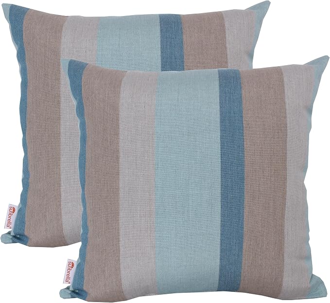 Outdoor/Indoor Sunbrella Throw Pillow Cover Only Square Set of 2 Pieces 24 inch x 24 inch Gateway Mist Stripe - Insert Not Included, Blue/Brown