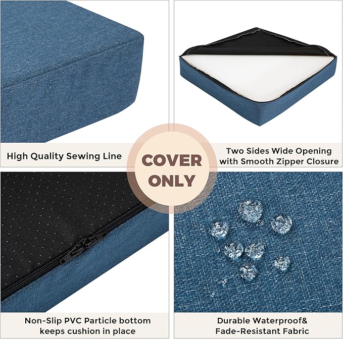 FUNHOME Outdoor Cushion Covers 24 x 24 x 4 inch,Set of 2,Non-Slip Grips Bottom,Replacement Cushion Covers for Garden Patio Furniture Couch Chair,Fade-Resistant Slipcover Only,No Insert(Denim Blue)