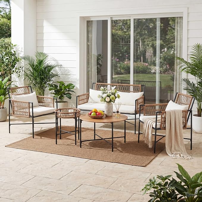 LAUSAINT HOME 5 Piece Patio Furniture Set, Outdoor Wicker Conversation Set with 2 PE Rattan Armchairs, 1 Loveseat with Cushions, Coffee Table & Side Table for Porch, Balcony, Garden, Poolside, Beige