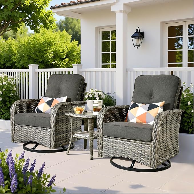 Wicker Rocking Chair Swivel Chairs - 3 Piece Rocker Glider Patio Chairs Set Rattan Rocking Chair for Outdoor Porch Deck Garden Backyard,Black