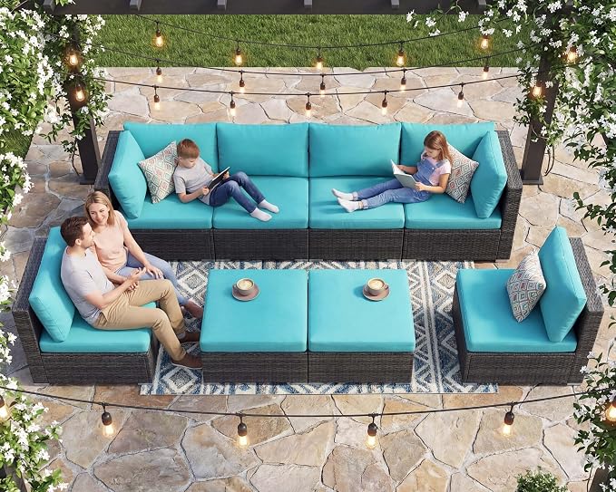 NICESOUL 8 People Outdoor Seating Furniture, 29.3'' High Back Comfortable Wicker Patio Sectional Sofas with Ottoman, Deep Seats Oversized Conversations for Exteriors, 2 Color Cushion Turquoise & Gray