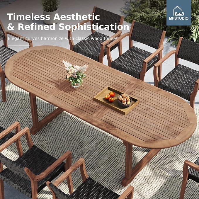 MFSTUDIO Teak Outdoor Dining Set for 6, Outdoor Wood Table and Chairs, Patio Expandable Dining Table with Rattan Chairs, 7 Pieces Wood Outdoor Patio Dining Furniture Set