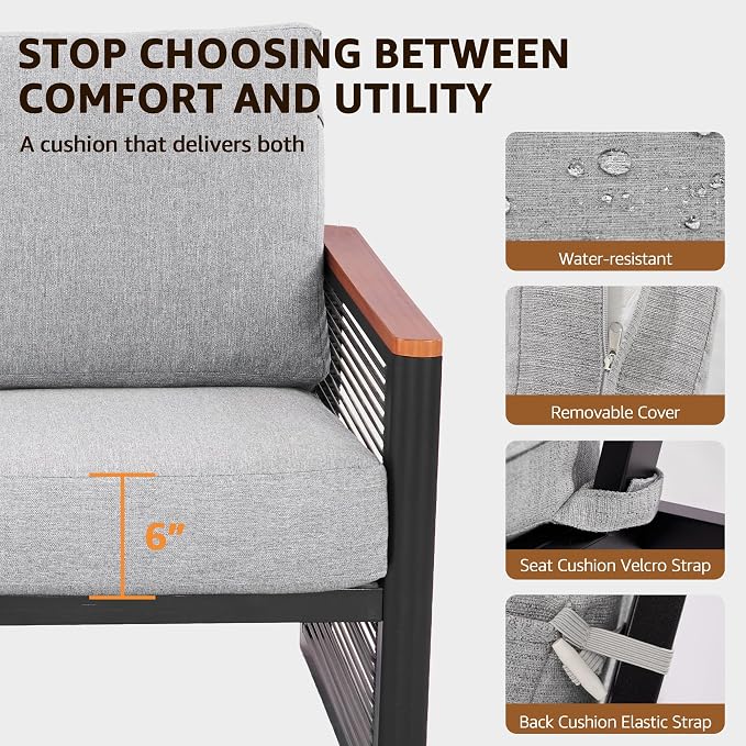 NATURAL EXPRESSIONS Aluminum Patio Furniture Set, Outdoor Conversation Sets with Fauxwood Arm & Tabletop, Rattan Side-armrest, 6" Olefin Cushions, Patio Sectional Furniture for Porch, Yard, Balcony