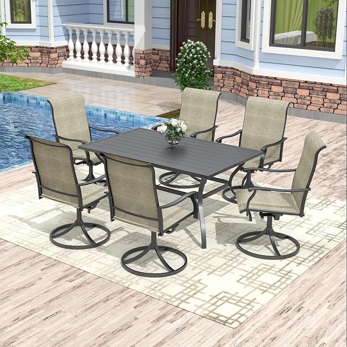 Anmutig 7-Piece Outdoor Patio Dining Set with 6 Swivel Chairs, Outdoor Furniture Steel Frame Slat Rectangular Table with 1.57" Umbrella Hole for Backyard, Light Tan