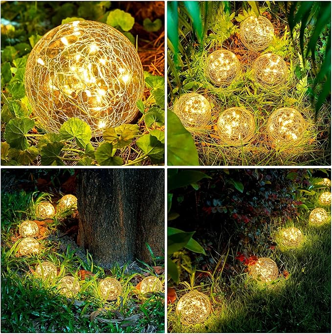 Honoson 3.9 Inch Solar Globe Lights Outdoor - Waterproof Cracked Glass Balls for Lawn Patio Yard Backyard Decorations, Warm White Solar LED Lights with Easy Installation,Durable Design (4 Pcs)