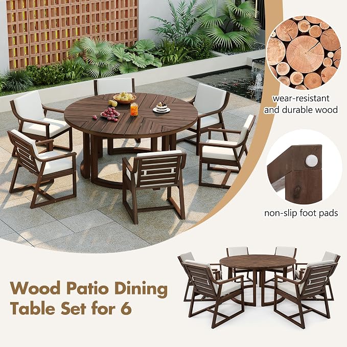 7-Piece Patio Dining Table Sets, Round Outdoor Acacia Wood Dining Furniture Set with Umbrella Hole Cut-Out Table and 6 Chairs, Matching Removable Cushions,Mocha