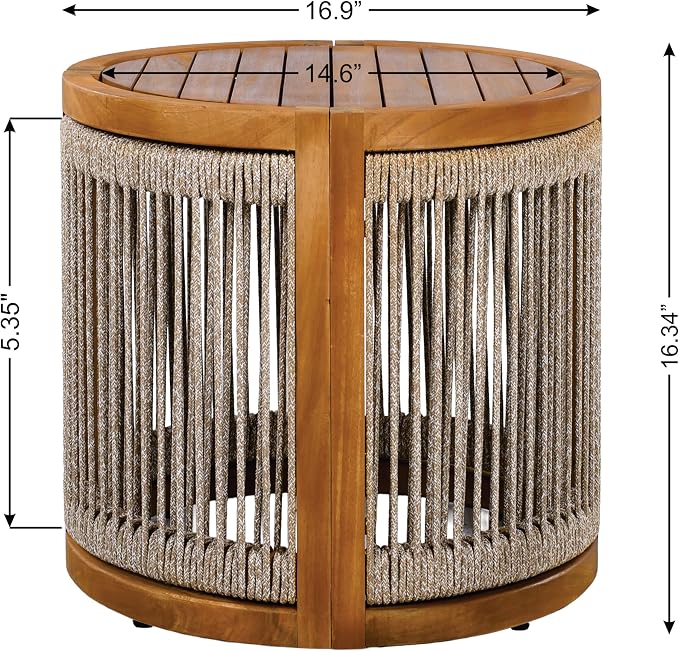 Christopher Knight Home Malphite 3 Pieces Conversation Set, Acacia Wood Chat Set, Round Coffee Table and Woven Rope Accent Chairs, Slat Design Patio Furniture Set for Backyard Garden, Beige + Teak