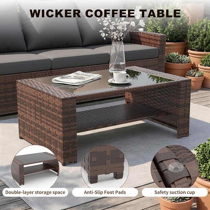 UDPATIO Patio Furniture Set, Outdoor Furniture Sets with Loveseats Sofa, Wicker Rattan Outdoor Conversation Set with Storage CoffeeTable for Backyard, Deck, Porch, Brown/Grey
