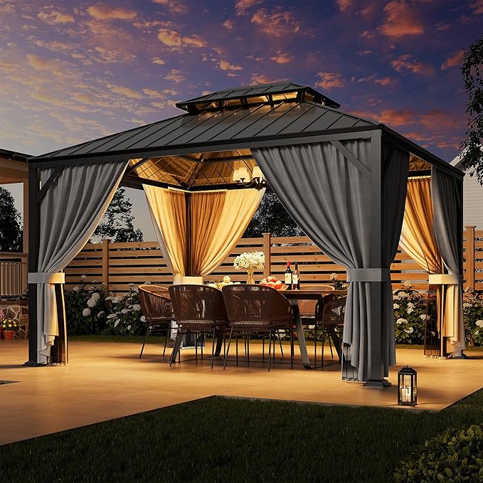 IRONCK 10'x12' Outdoor Hardtop Gazebo, Aluminum Patio Gazebo with Galvanized Steel Double Roof, Patio Pergola with Net and Curtain, Backyard Canopy for Garden, Deck, Black Gray