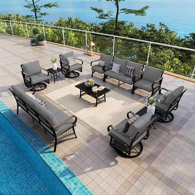 11 Pieces Patio Conversation Sets, All-Weather Metal Swivel Rocking Chairs with Rope Furniture Set, Outdoor Sofa Couch for Deck, Porch, Garden, Backyard, Poolside (Gray Cushions)