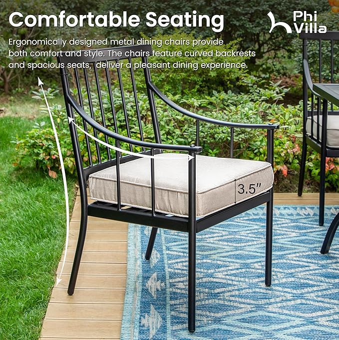 PHI VILLA 7 Piece Patio Dining Set, Rectangular Metal Table | Metal chairs, Fixed Chair, 13ft Large Beige Umbrella, 1.57" umbrella hole, Cushions, powder-coated