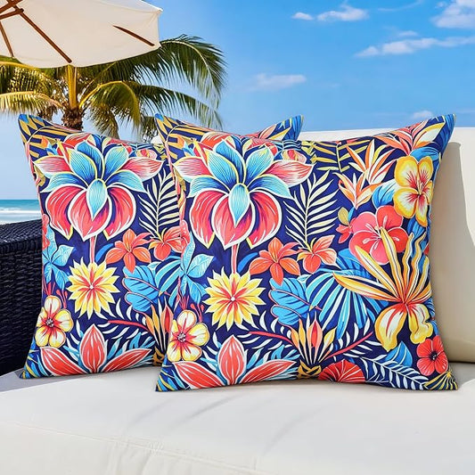 Outdoor Pillow Covers 18x18 Inch Set of 2 Tropical Floral Plants Boho Throw Pillows Cases Waterproof Square Garden Cushion Sham for Patio Funiture Tent Balcony Bench Sofa Couch, Blue