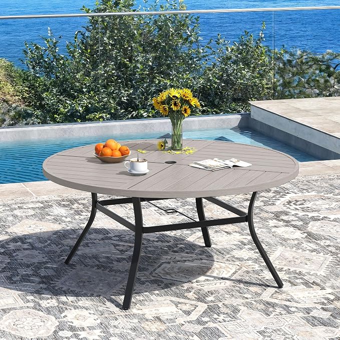 DIFY 7 Piece Outdoor Dining Set, Metal Patio Table and Chairs Set, 53.1" Grey Wood-Like Round Dining Table & 6 Sandshell Padded Textilene Swivel Patio Chairs, Outdoor Furniture Set for Garden Backyard