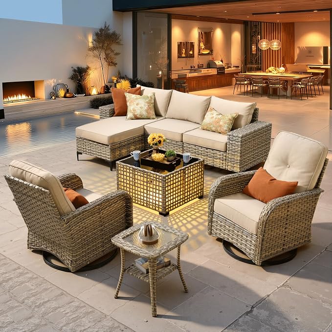 ovios 8-Piece Patio Furniture Set with L-Shape Sofa Chaise, Outdoor Sectional Couch Swivel Gliders Solar Table, Modern Modular Wicker Rattan Conversation Set, Beige