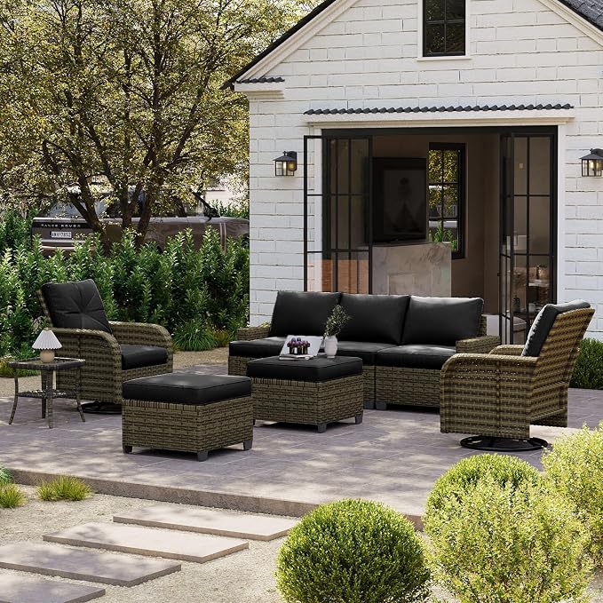 LazySunsets Luxury Patio Furniture Set，All-Weather Patio Sectional Sofas with Thickened Cushions, 8 Piece Outdoor Furniture Sectional Set with Swivel Rocker Chairs of 2，Black