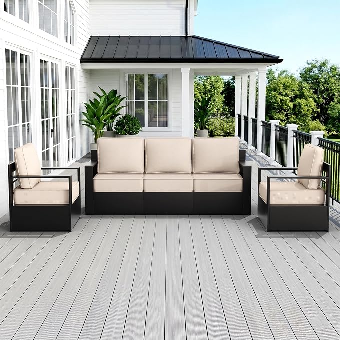 Outdoor Patio Furniture Set, 3-Piece Aluminum Patio Conversation Set All-Weather Metal Outdoor Sectional with 6 Inch Thick Cushions, Deep Setting for Garden, Outside and Porch, Beige