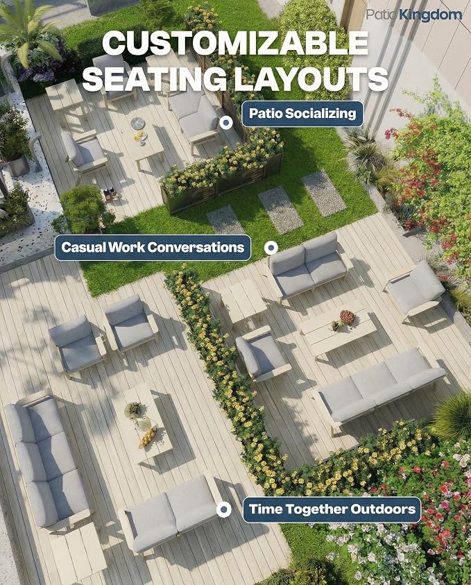 Patio Furniture Set 6 Seats, HDPE Outdoor Sectional with Gray Washable Thick Cushions, Coffee Table, Patio Conversation Sets for Lawn, Garden, Porch, Balcony, Deck (White Frame)