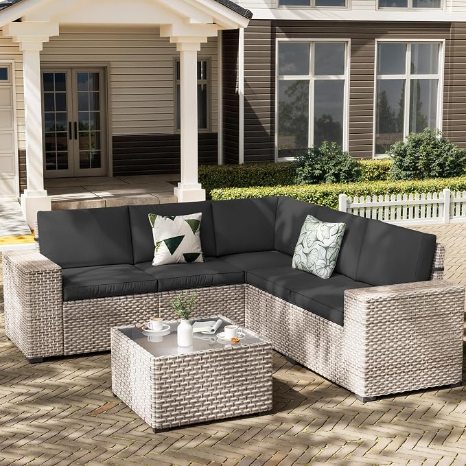 6 Pieces Patio Furniture Set, Outdoor Sectional Wicker Sofa with Thickened Cushions and Coffee Table, High Back Rattan Patio Conversation Sets for Garden Backyard, Black