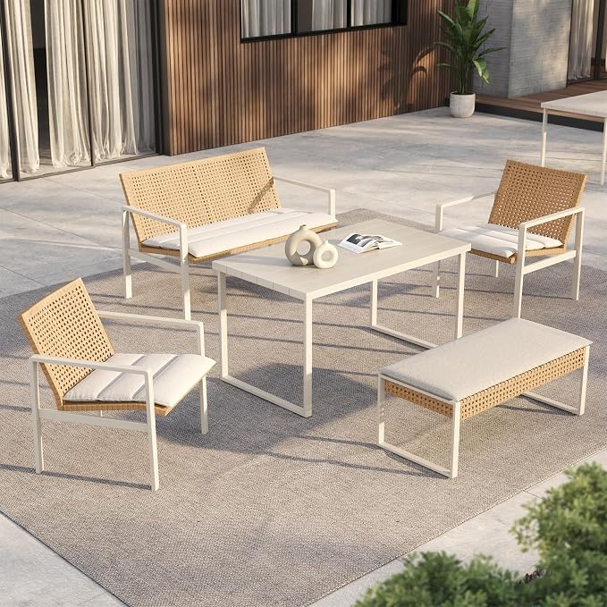 Grand patio 5-Piece Outdoor Dining Set, Wicker Patio Dining Table Set for 6 with Bench and Seat Cushion, Outdoor Patio Furniture Dining Chair Set for Backyard, Garden, Deck