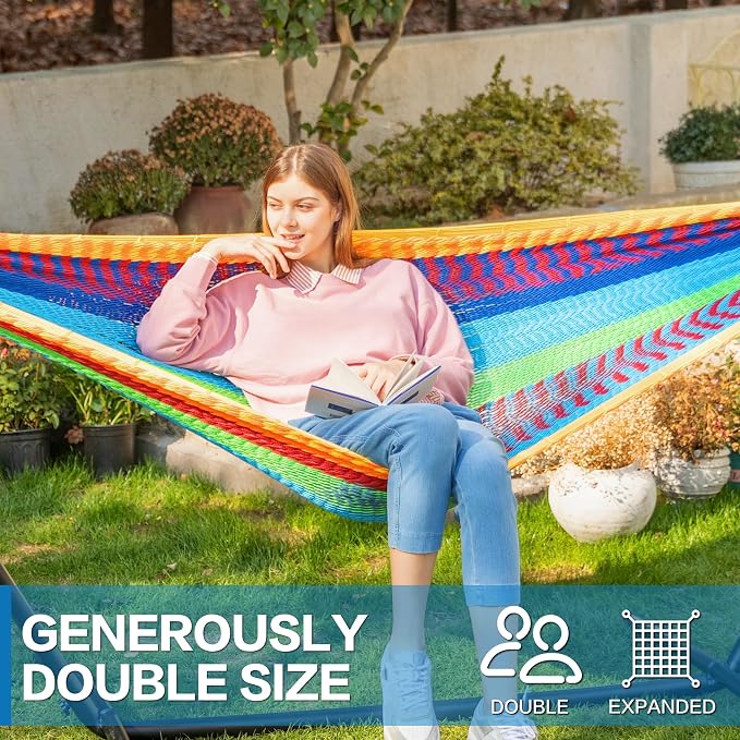 PNAEUT Double Hammocks with Stand for Outside, Portable Space Saving Heavy-Duty Steel Stand for Indoor Outdoor Patio (Mayan Rainbow)