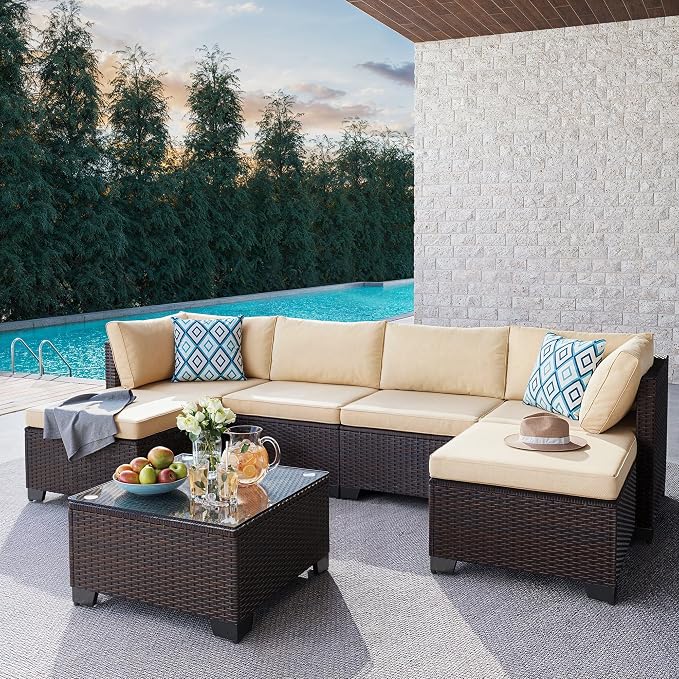Gizoon 7 Pieces Outdoor Patio Furniture Set, All-Weather PE Rattan Wicker Sectional Sofa Seating with Waterproof Cushions and Coffee Table, Outdoor Conversation Set for Garden, Backyard, Balcony