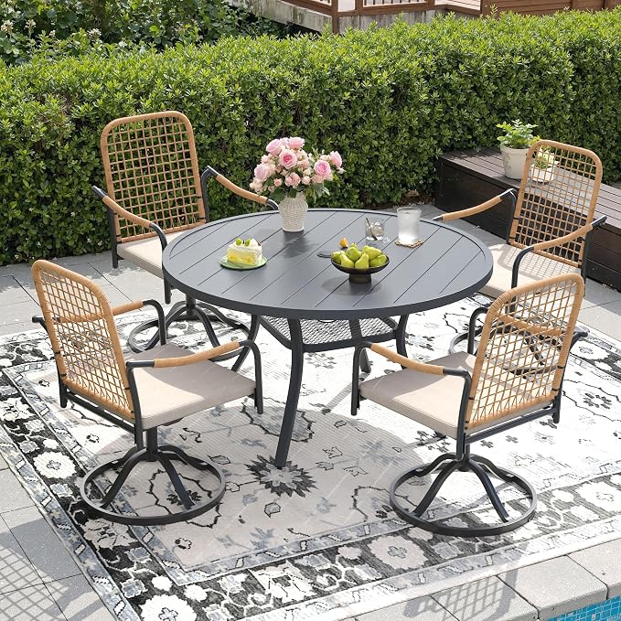 DIFY 5 Pieces Outdoor Dining Set for 4, 47.2" Round Dining Table with Umbrella Hole & Wicker Swivel Patio Chairs with Cushions, Metal Patio Table and Chairs Set for Backyard Porch Garden, Grey